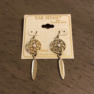 Gold Tone and White Dreamcatcher Design Dangle Earrings